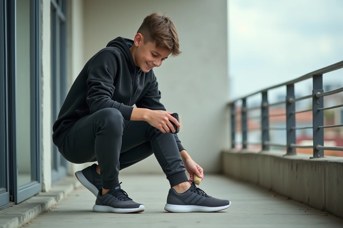 Adolescent nettoyant ses sneakers en extérieur sur un balcon urbain