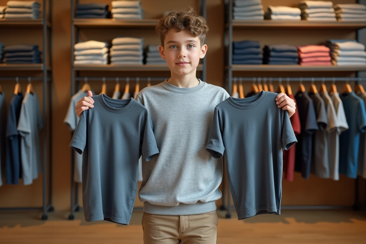 Adolescent comparant deux tailles de t-shirts dans un magasin de vêtements pour trouver la taille adaptée entre enfant et adulte
