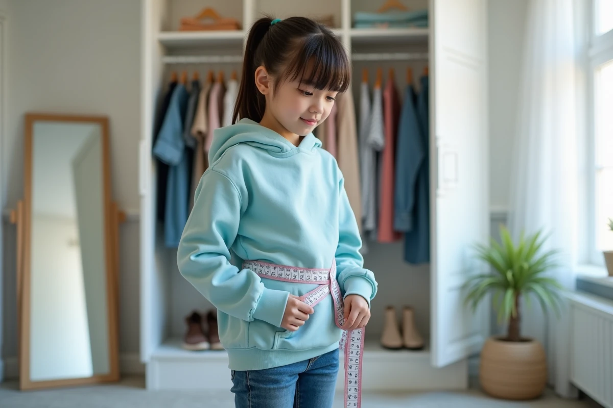 Adolescente mesurant sa taille avec un mètre ruban devant une armoire ouverte pour choisir la bonne taille de vêtements
