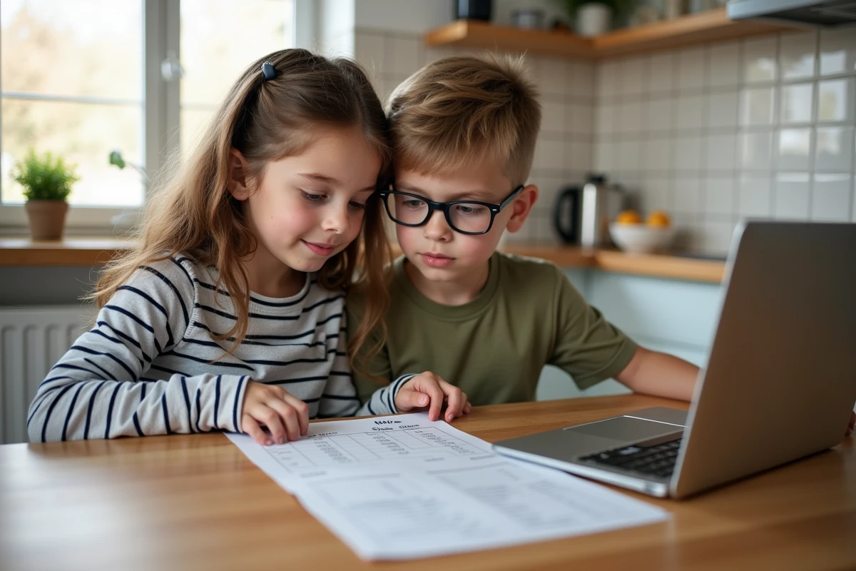 Deux adolescents consultant un guide des tailles de vêtements imprimé et en ligne pour choisir entre taille enfant et adulte