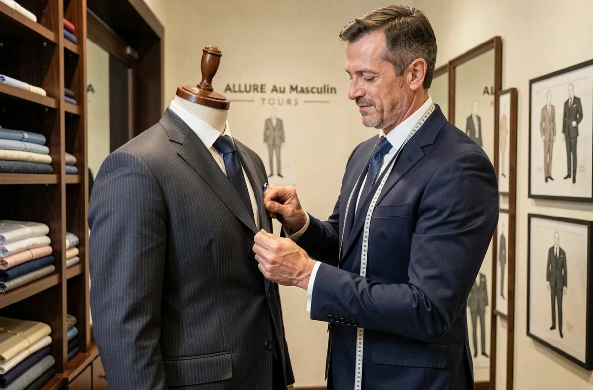 Un tailleur ajuste un costume sur mesure chez Allure Au Masculin, costumier homme à Tours