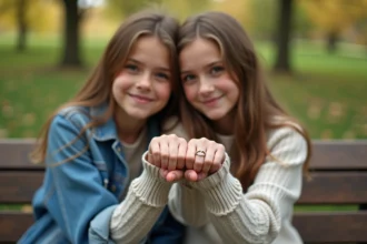 Deux adolescentes souriantes avec bagues d'amitié en plein air