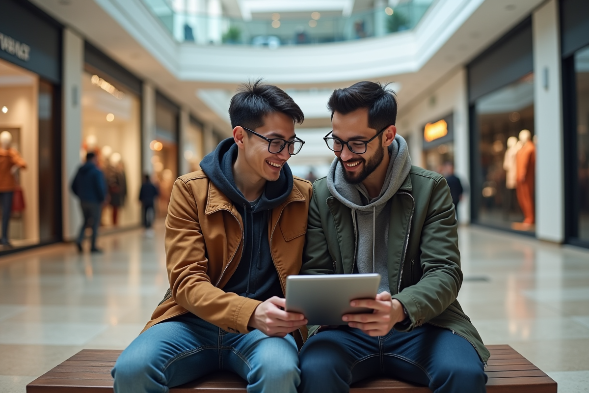 Deux hommes souriants dans un centre commercial moderne
