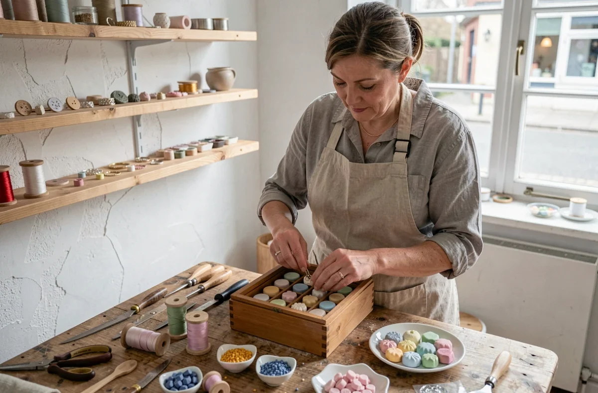 Artisane créant des bijoux dragée sur mesure pour fiançailles dans son atelier artisanal avec des outils et des dragées colorées