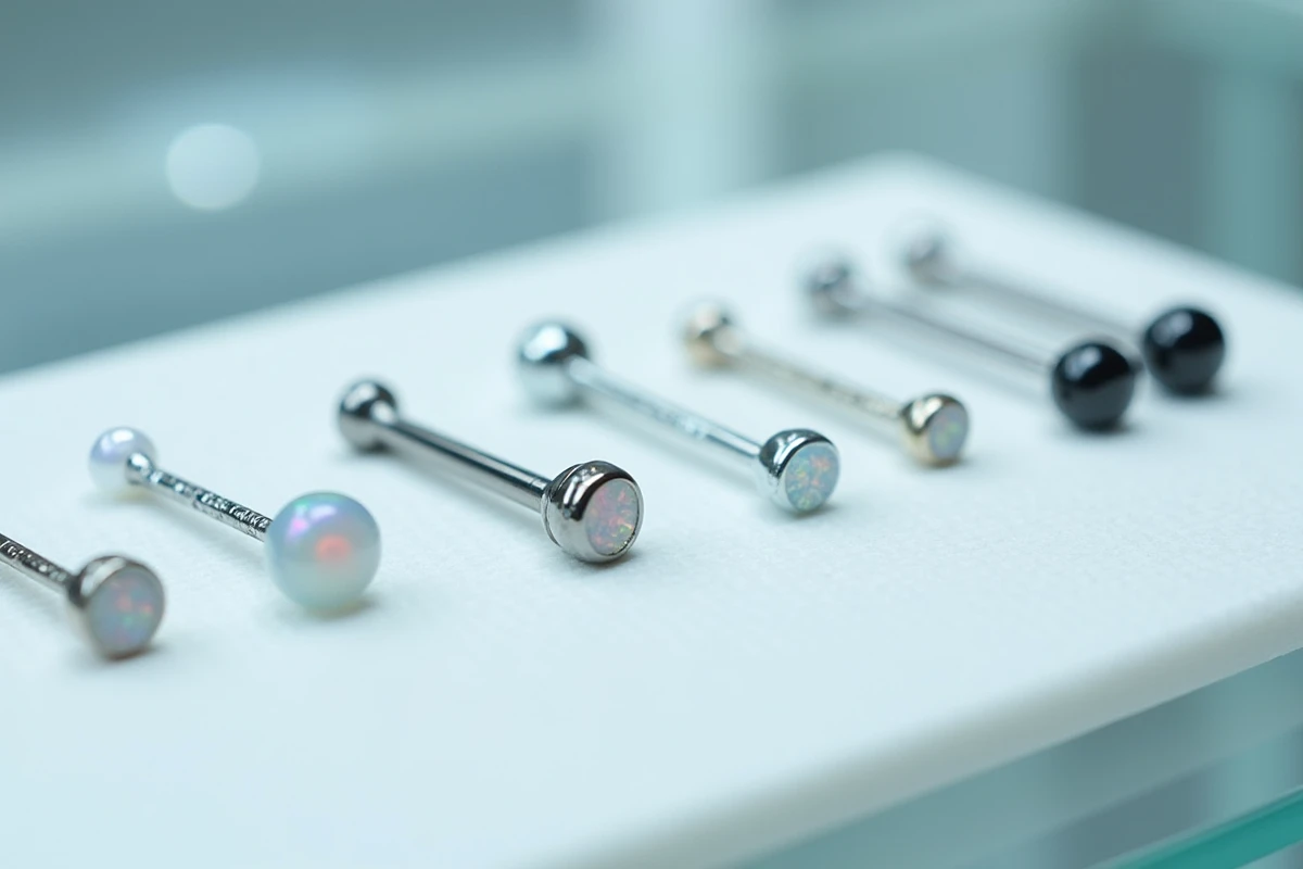Assortiment de bijoux de piercing en titane implant grade sur surface stérile blanche pour vérification avant premier perçage