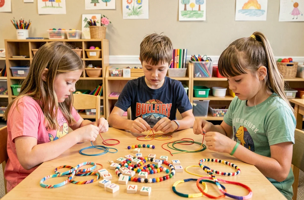 Enfants assemblant des bracelets colorés lors d'un atelier créatif en centre de loisirs avec perles et élastiques