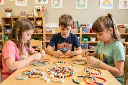 Enfants assemblant des bracelets colorés lors d'un atelier créatif en centre de loisirs avec perles et élastiques