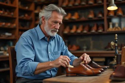 Homme d'âge moyen compare des embauchoirs en bois et plastique dans un atelier de cordonnerie