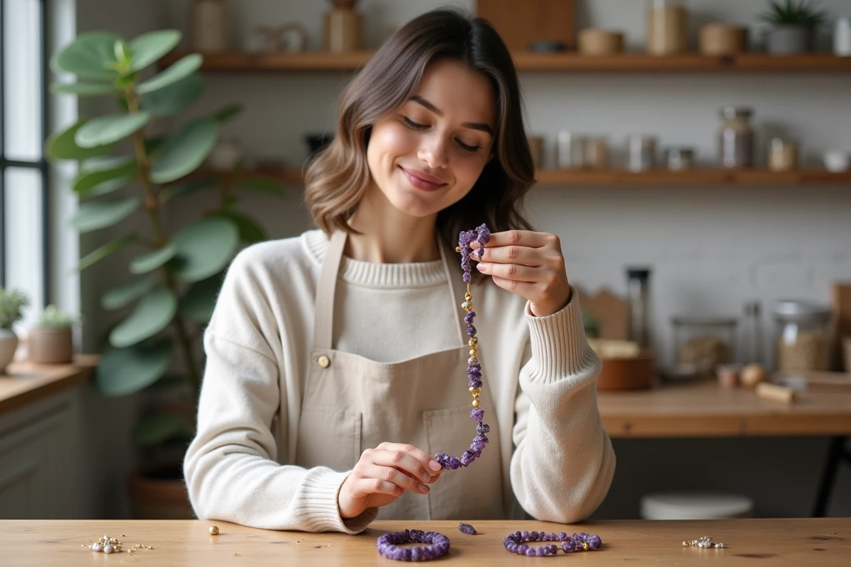 Femme inspectant un bracelet artisanal en améthyste et perles dorées dans un atelier de création DIY luxe