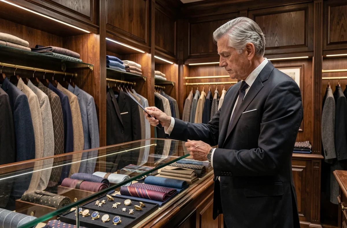 L'intérieur distingué de la boutique Au Sphinx avec ses costumes sur mesure et son vendeur élégant dans un décor en bois sombre