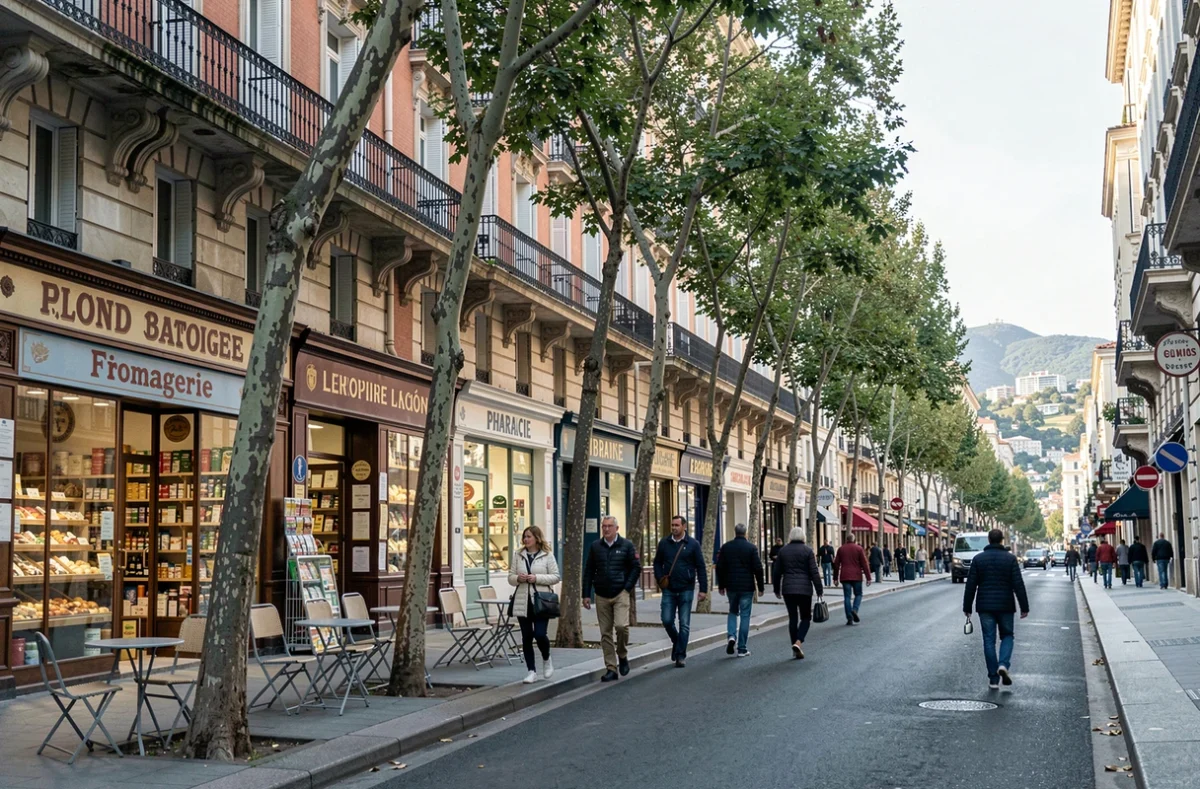 Vue panoramique d'une avenue commerçante animée à Marseille avec des commerces de proximité indépendants, des platanes et des façades haussmanniennes