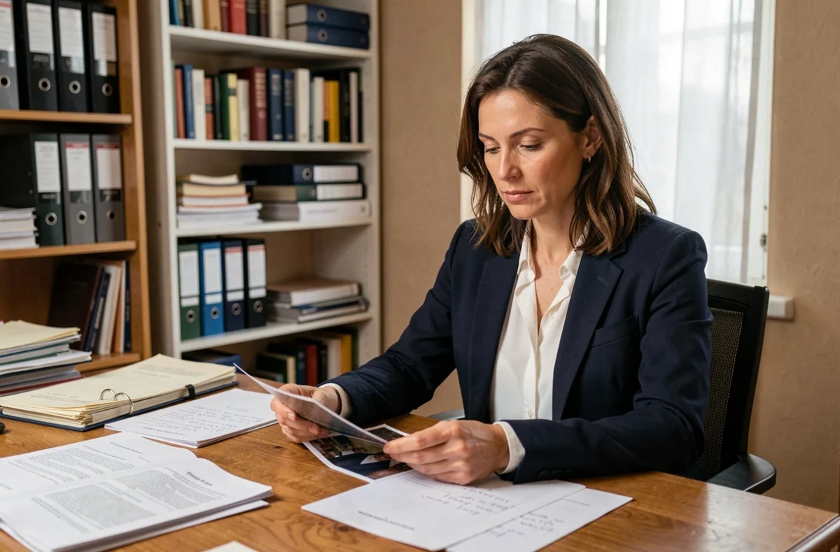 Femme en blazer marine concentrée sur des documents dans un bureau encombré, illustration journalistique d'une enquête sur l'histoire vraie de Béatrice Vonderweidt
