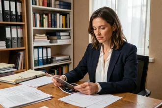 Femme en blazer marine concentrée sur des documents dans un bureau encombré, illustration journalistique d'une enquête sur l'histoire vraie de Béatrice Vonderweidt