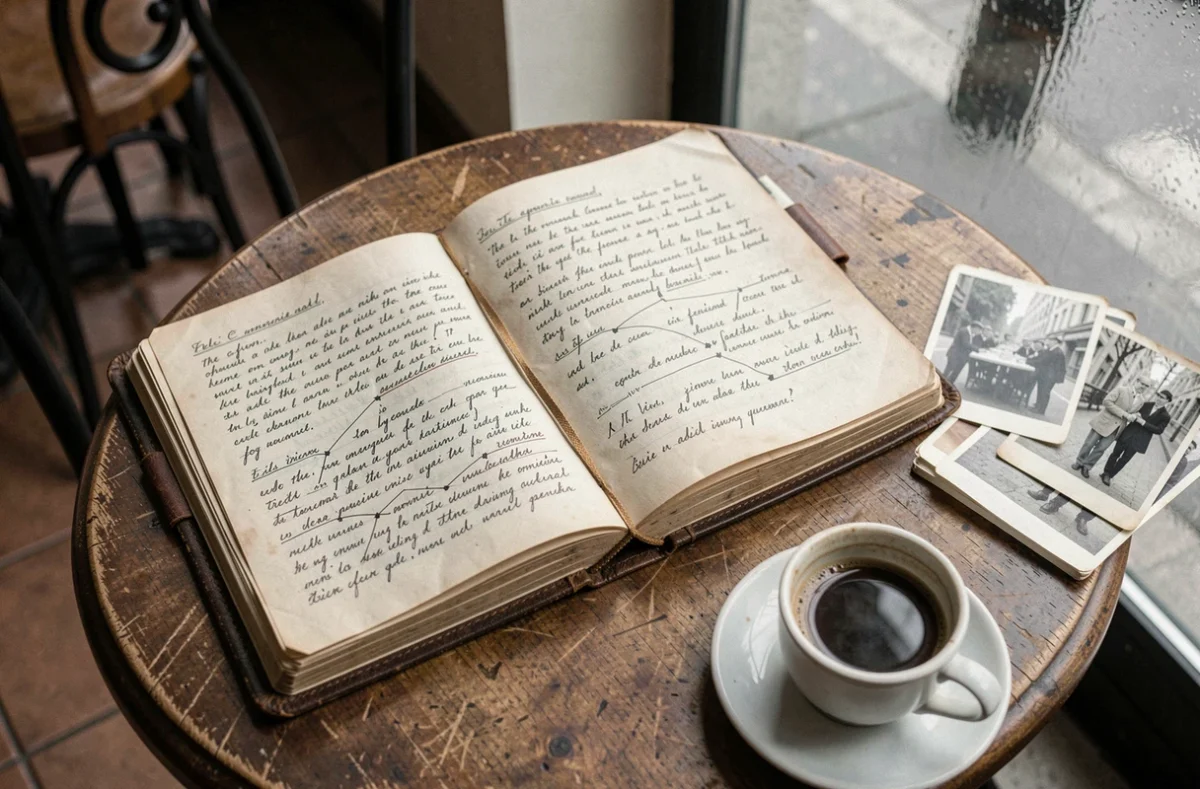 Journal manuscrit ouvert sur une table de café avec de vieilles photographies noir et blanc, évoquant les archives personnelles liées à l'histoire de Béatrice Vonderweidt