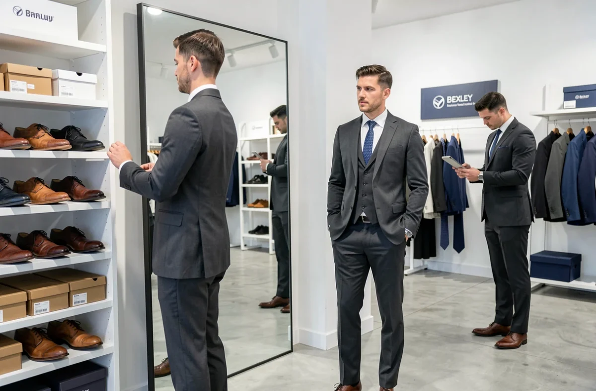 Un homme essaie un costume slim-fit chez Bexley Tours, boutique de vente directe de costumes homme