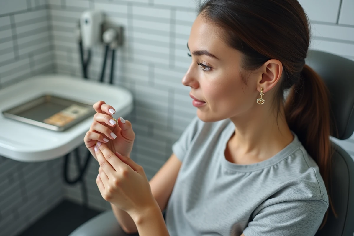 Jeune femme examinant un bijou en titane hypoallergénique pour son premier piercing dans un studio professionnel