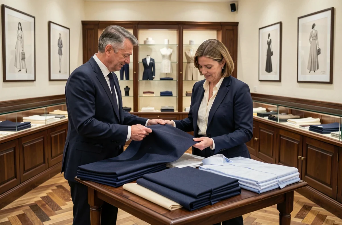 Deux tailleurs professionnels examinant un tissu de laine fine dans la boutique Blandin et Delloye