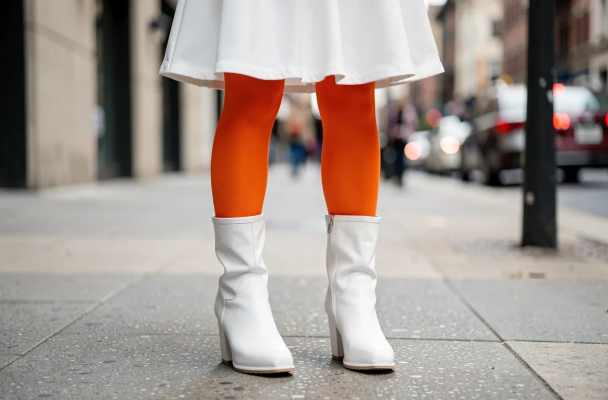 Bottes blanches à mi-mollet portées avec une robe courte