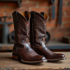 Bottes cowboy homme en cuir brun foncé avec coutures décoratives sur surface en bois vieilli, style artisanal