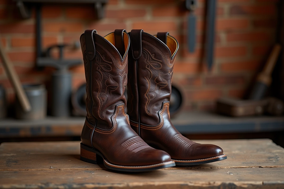 Bottes cowboy homme en cuir brun foncé avec coutures décoratives sur surface en bois vieilli, style artisanal