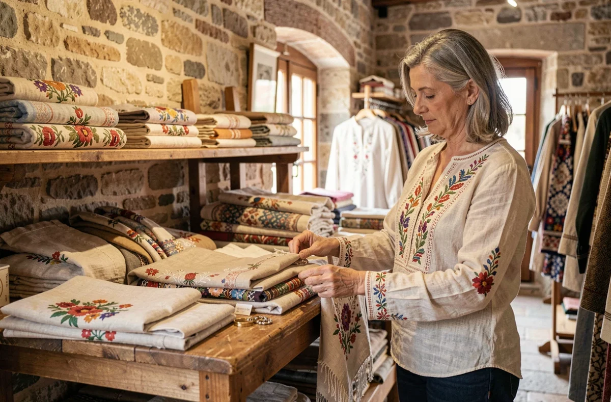 Une artisane présentant des vêtements et textiles faits main dans la Boutique des Artisans de Saint-Omer au cadre en pierre ancienne