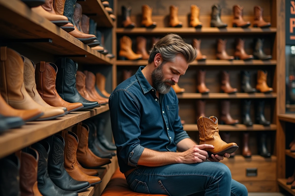 Boutique de bottes cowboy pour hommes avec plusieurs modèles en cuir exposés sur étagères en bois, client essayant une paire caramel