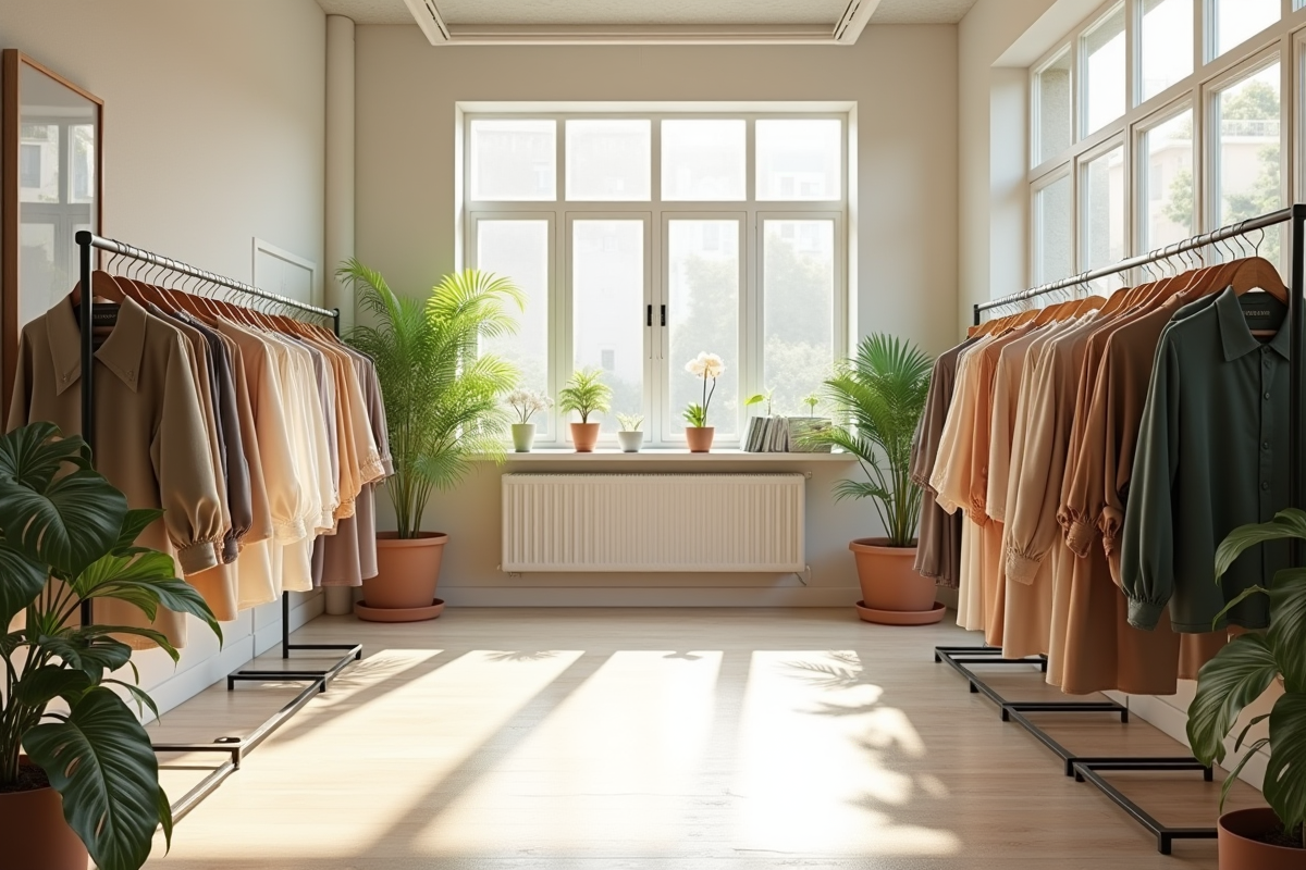 Intérieur lumineux d une boutique de mode durable avec vêtements