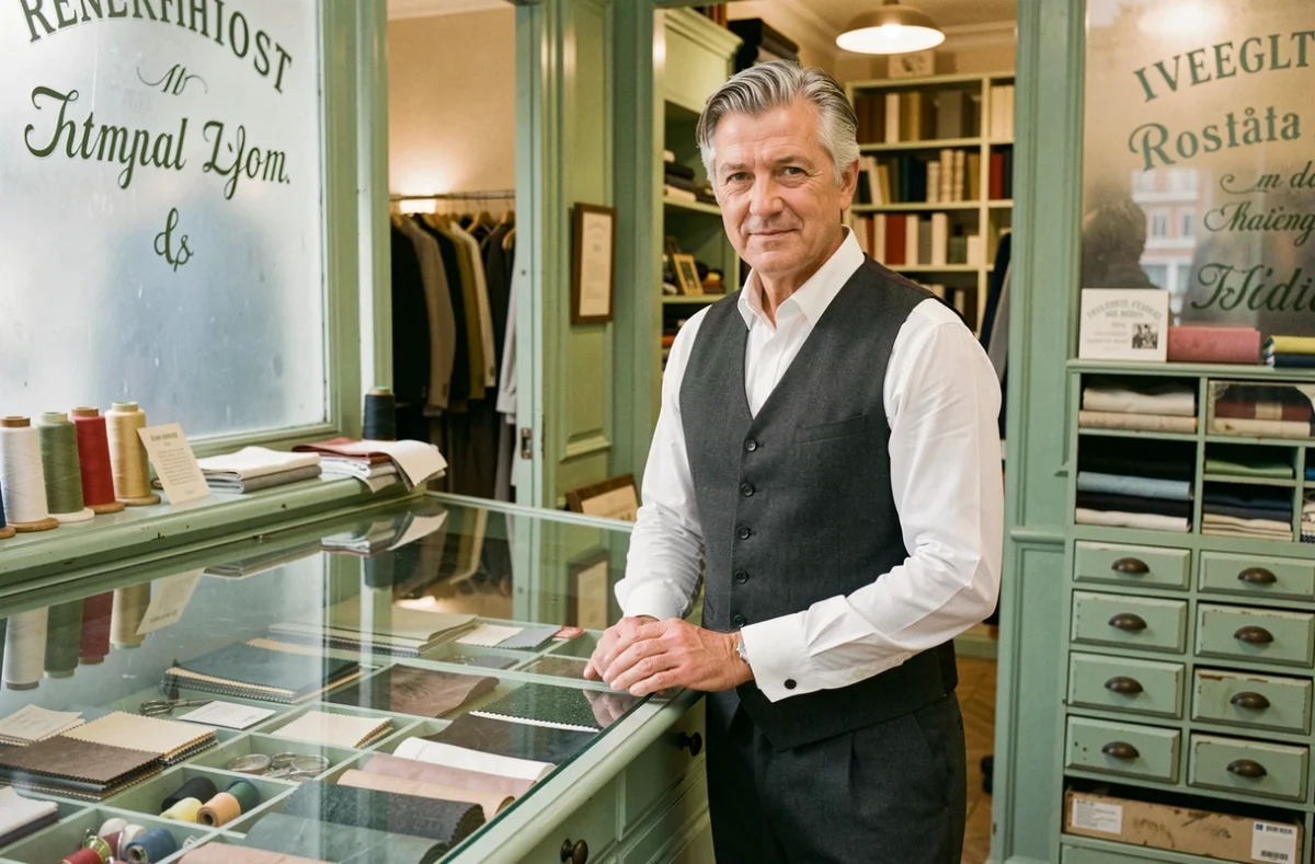 Tailleur expérimenté derrière le comptoir de la Boutique Record à Lyon
