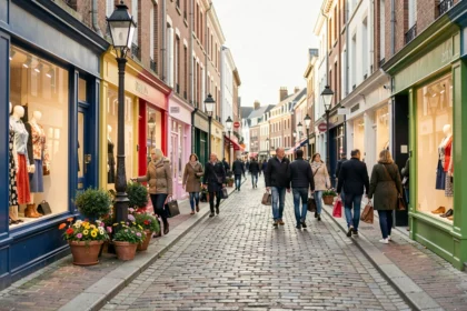 Une rue commerçante animée du Pas-de-Calais avec des boutiques de vêtements colorées et des passants qui font du shopping
