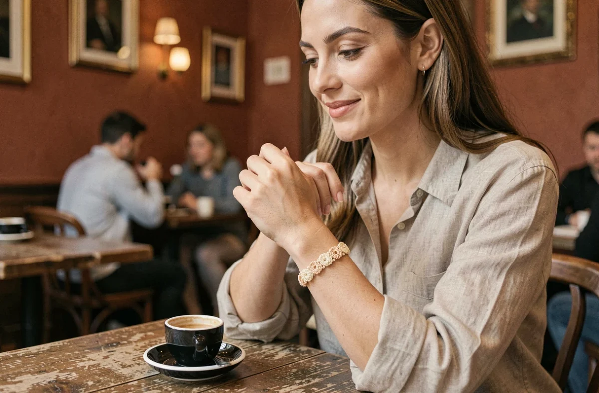 Femme portant un bracelet dragée sur mesure comme alternative audacieuse à la bague de fiançailles classique dans un café parisien