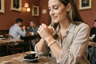 Femme portant un bracelet dragée sur mesure comme alternative audacieuse à la bague de fiançailles classique dans un café parisien