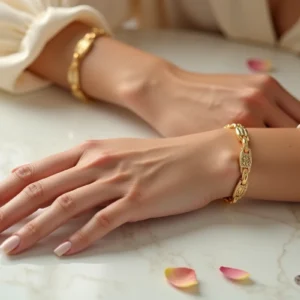 Bracelet femme TRESOR en or avec chaîne délicate posé sur marbre blanc entouré de pétales de rose