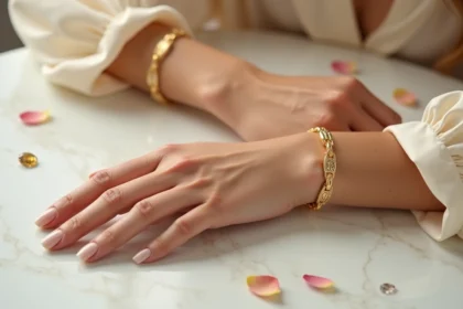 Bracelet femme TRESOR en or avec chaîne délicate posé sur marbre blanc entouré de pétales de rose