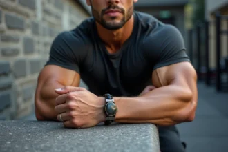 Bracelet en pierres naturelles noires pour homme sportif porté sur un poignet musclé dans un environnement urbain d'entraînement