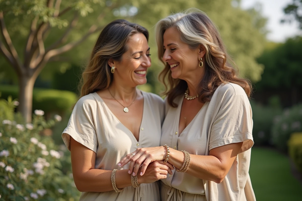 Deux femmes comparant leurs bracelets TRESOR dans un jardin botanique, montrant différents styles de bijoux