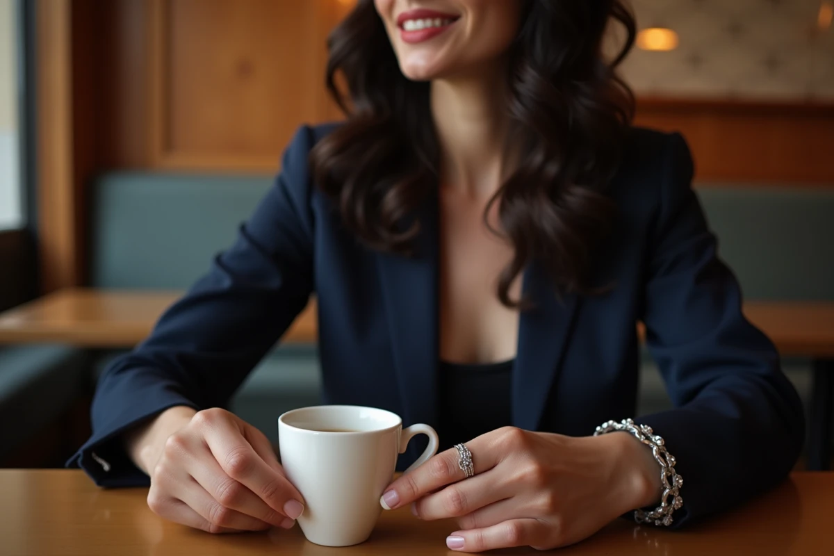 Femme élégante portant un bracelet TRESOR en argent dans un café parisien avec tenue sophistiquée