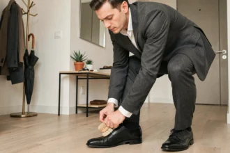 Homme en costume utilisant une brosse à chaussure sur un Oxford noir dans un couloir d'entrée moderne