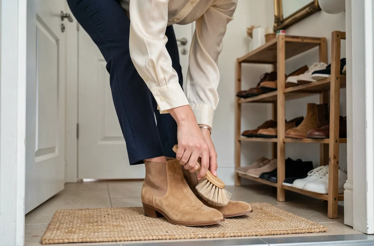 Femme brossant des bottines en daim beige avec une brosse douce avant de sortir