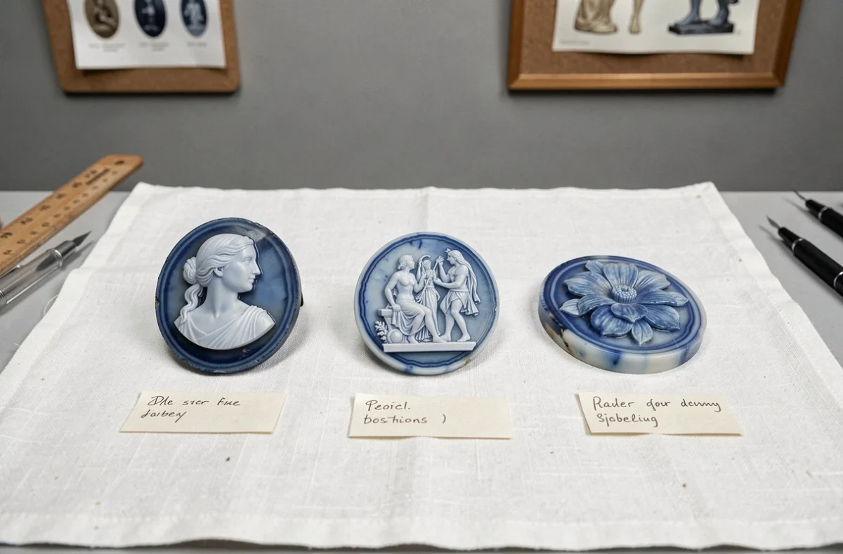 Trois camées bleus anciens en agate et coquille de tailles différentes disposés sur lin blanc dans un espace muséal d'expertise, avec étiquettes et outils de conservation