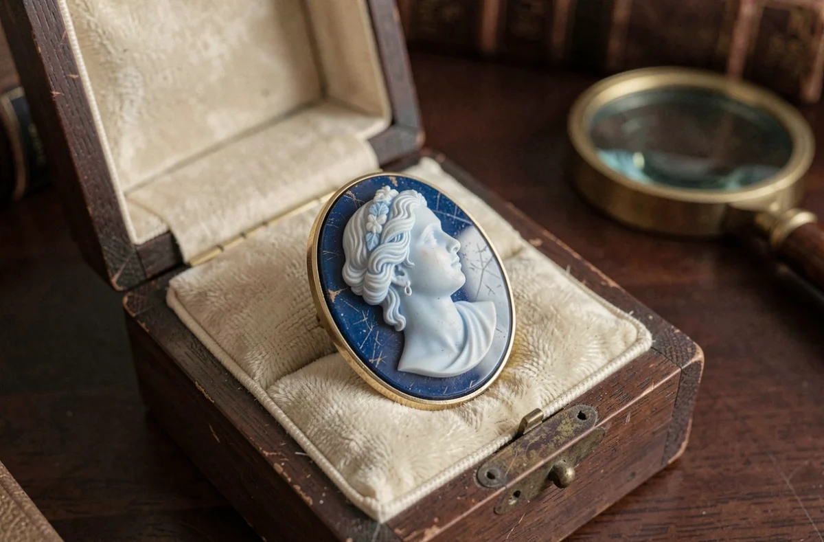 Camée bleu ancien en coquille sculptée posé sur velours crème dans un écrin en bois, représentant un profil féminin classique avec monture dorée patinée