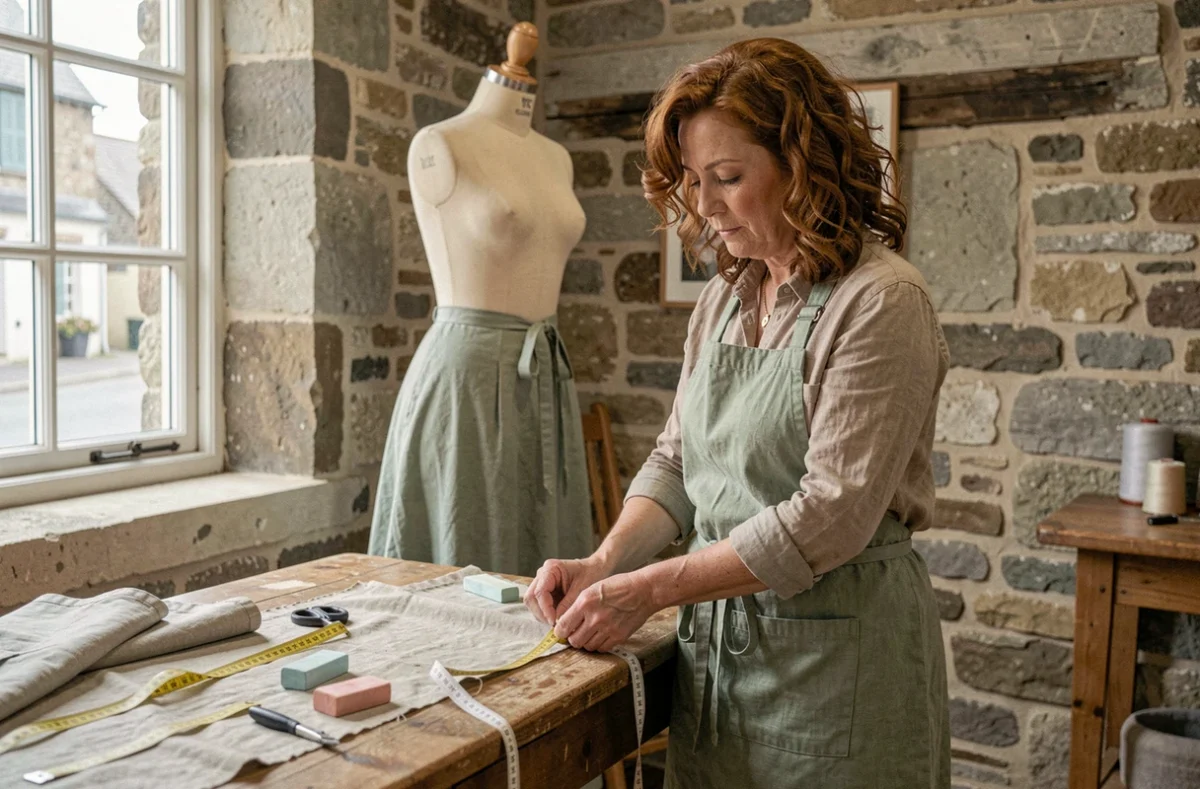 Couturière de Cathy Couture à Cherbourg-en-Cotentin épinglant un ourlet sur un mannequin dans son atelier