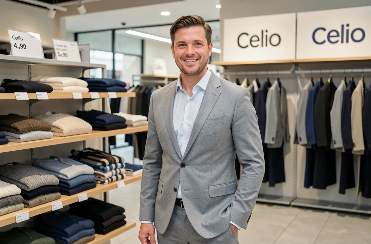 Un homme porte un costume gris ajusté dans une boutique Celio d'un centre commercial en Centre-Val de Loire