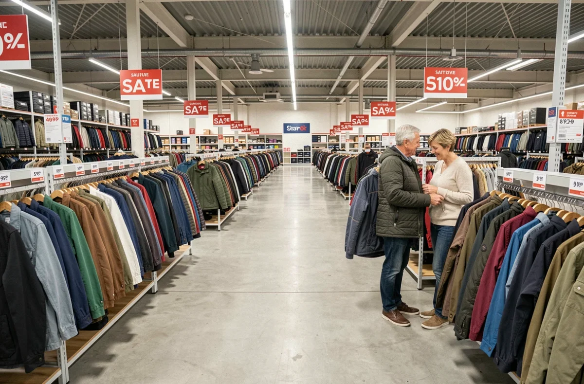 L'intérieur spacieux du Channel Outlet avec ses longues rangées de vêtements soldés et un couple qui compare des vestes