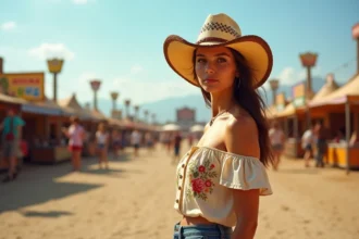Jeune femme portant un chapeau de cowboy western en paille beige lors d'un festival de musique en plein air