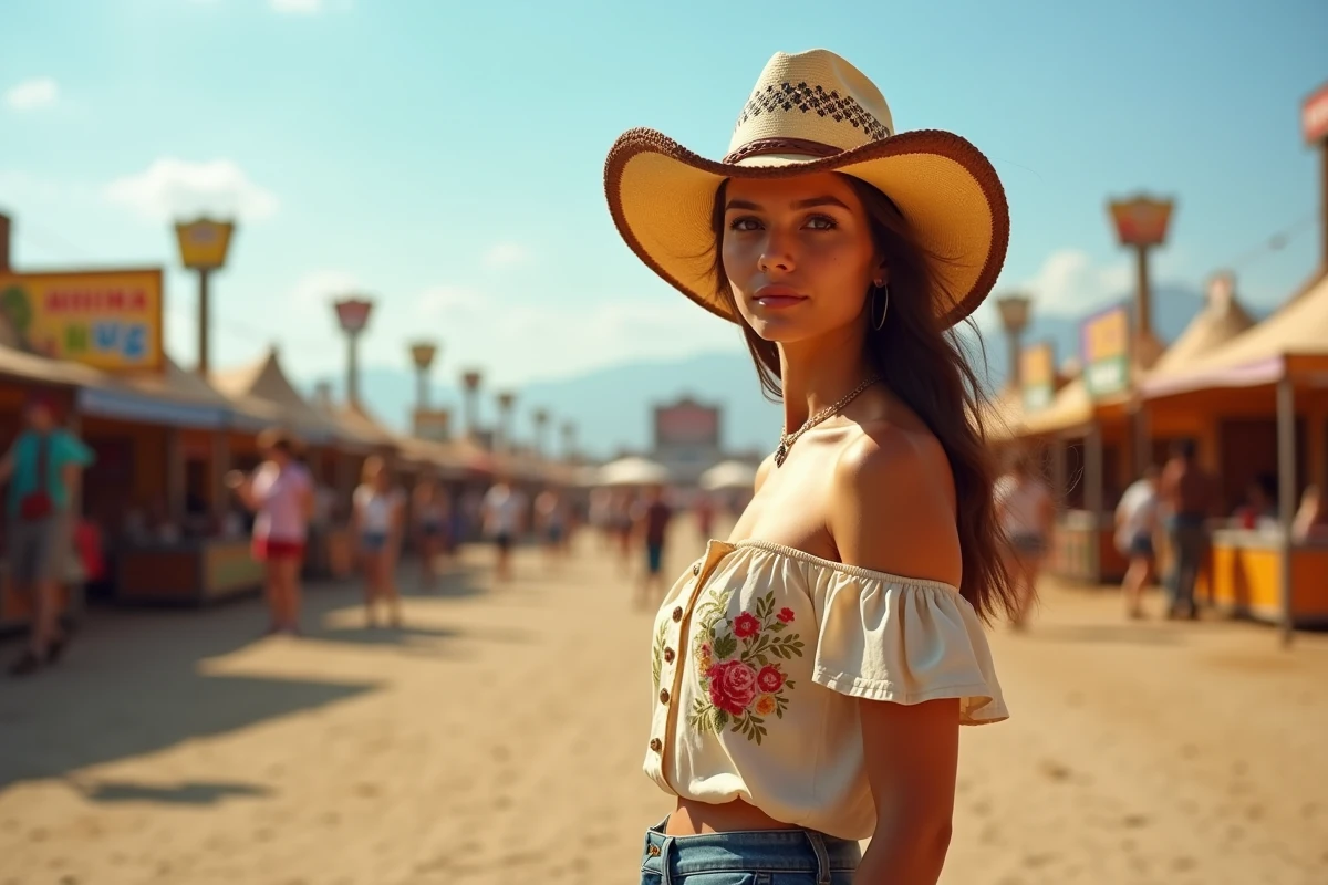 Jeune femme portant un chapeau de cowboy western en paille beige lors d'un festival de musique en plein air