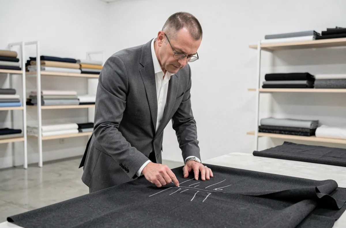 Tailleur traçant des repères à la craie sur un tissu dans l'atelier Charles