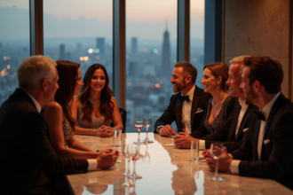 Célébrités élégantes discutant dans un lounge luxueux