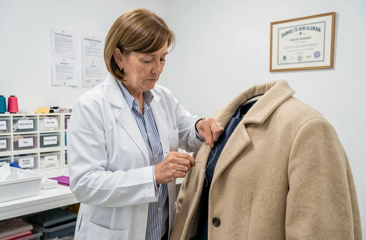 Spécialiste de La Clinique du Vêtement à Rouen réparant une déchirure sur un manteau en laine dans un atelier soigné
