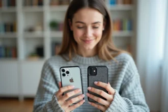 Femme tenant un iPhone avec une coque transparente et un Android avec une coque rigide colorée, comparaison côte à côte