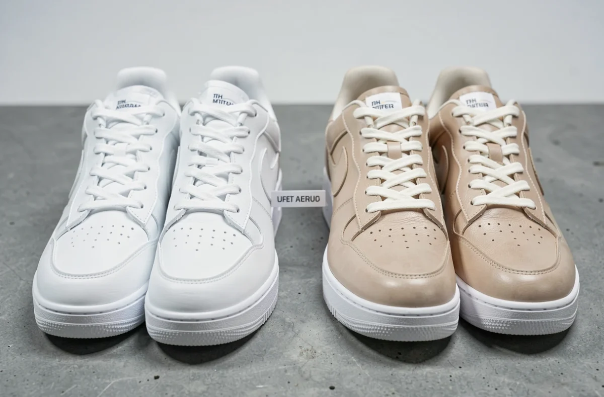 Comparaison côte à côte de deux baskets blanches, l'une traitée avec de la peinture chaussure mate et l'autre avec une teinture cuir brillante sur fond béton gris
